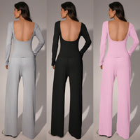 Womens Slim-Fit Long-Sleeve Wide-Leg Pants Suit