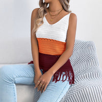 Casual V-neck Color-block Fringe Sleeveless Knitted Top Vacation Shirt