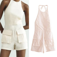 Summer New Women's Windbreaker Fabric Hanging Collar Jumpsuit