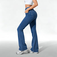 High-elastic, Cross-waist, Faux Denim Flared Pants For A Casual Look