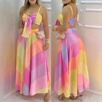 Sexy Strappy Lace-up Midriff-baring Top With Geometric Print And A Zippered Midi Skirt
