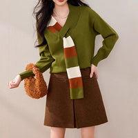 Niche Striped V-neck Sweater Women's Versatile Fake Two Pieces Coat