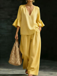 Womens V-neck Ruffle-Sleeve Top And Wide-Leg Pants Two-Piece Set