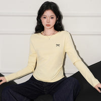 Regular Shoulder Round Neck Pleated Embroidery Long Sleeve Base Shirt