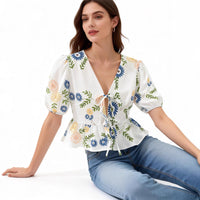 Floral V-neck Drawstring Ruffled Hem Top