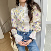 French Romantic Turtleneck Patchwork Ruffled Color Printing Design Flare Sleeve Shirt