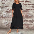 Womens Half-Sleeve Mesh Crew-Neck Patchwork Pocket Dress
