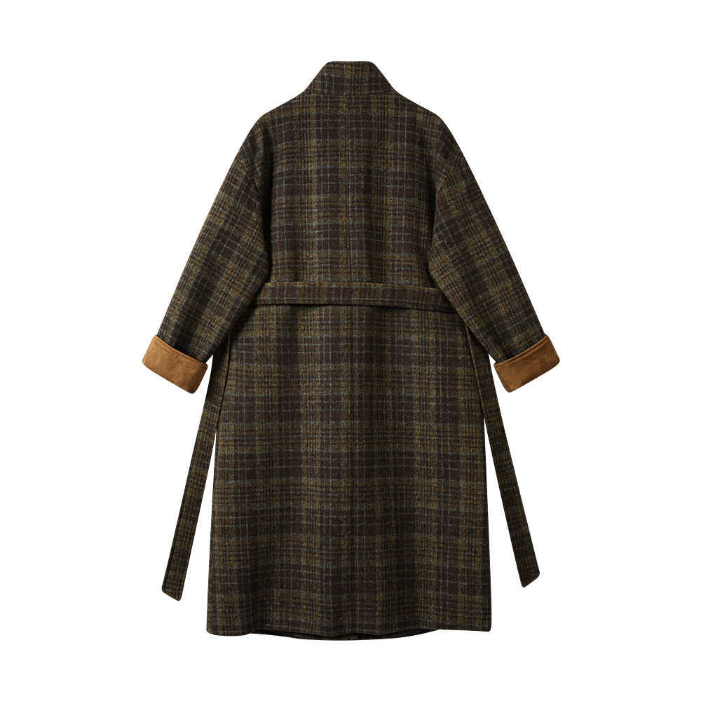 Cotton Padded Thickened Long Retro Stand Collar Checked Woolen Coat Women