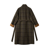 Cotton Padded Thickened Long Retro Stand Collar Checked Woolen Coat Women