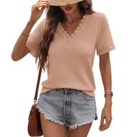 Womens V-neck Casual Waffle-knit Lace-panel Short-sleeve Top