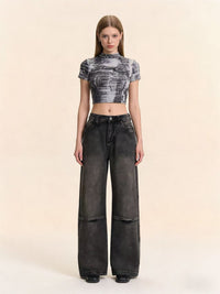 Printed Vintage Loose Wide-Leg Womens Jeans