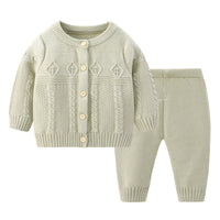Girls' Solid Color Round Neck Cardigan Pants Suit