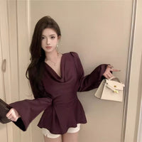 Women's Spring Flared Puff Sleeve Swing Collar Shirt