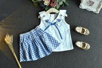 Sleeveless Embroidered Top Fashion Plaid Skirt Two-piece Set