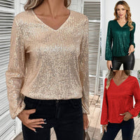 Loose-fitting, Long-sleeve V-neck Solid-color Sequin Top Long-sleeve T-shirt