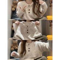Korean-style Relaxed-fit Off-shoulder Crew-neck Cropped Sweater For Outerwear