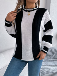 Women Casual Color Block Stripe Lantern Sleeve Pullover Sweater