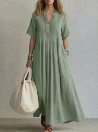 Casual Loose V-Neck Short-Sleeve Pleated Cotton-Linen Dress