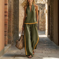 Contrast-color Wide-leg Pants Suit Womens Cotton-linen Fashionable Two-piece Set