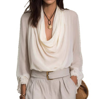 Chiffon Long-sleeve Shirt With Draped Pleats And Balloon Sleeves Top