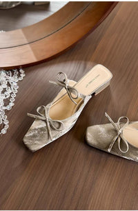 2026 New Women's Bowknot Closed Toe Mule Slippers Elegant Chunky Heel One-Step Slip On Sandals