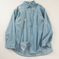 Embroidered Washed Denim Long-Sleeve Shirt Womens Single-Breasted Top