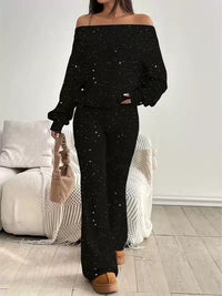 Sequined Off-the-Shoulder Long Solid-Color Womens Suit