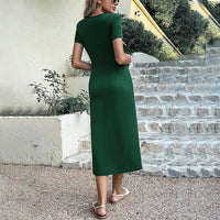 Womens Fashion V-Neck Slit Waist-Hugging Knitted Dress