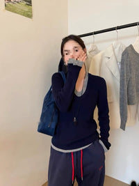 Contrast Color V-neck Long-sleeve Knitwear Sweater Top