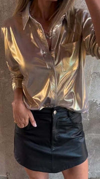 Women's Faux Leather Fashion Polo Collar Shirt