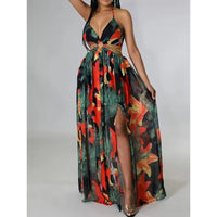Elegant Womens Floral Print Halter V-neck Backless Side-Slit Dress Cut Out Waist Chain Sleeveless High Side Split Fit Flare Maxi Long Dresses