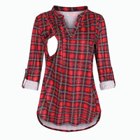 Plaid Printed Pregnant Woman Breastfeeding V-neck Long Sleeve Top