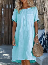 New Womens Casual Solid-color Multi-color Short-sleeve Crew-neck Pocket Dress