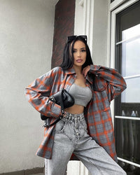 Retro Easy Matching Lapel Loose Plaid Shirt For Women