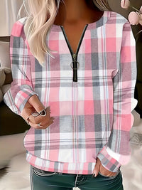 Womens Autumn Winter Printed Plaid Half-Zip Hoodie