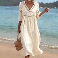 Elegant Casual V-Neck Solid Color Mid-Sleeve Womens Dress