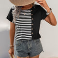Women's Loose-Fit Striped Contrast-Color Short-Sleeve Pullover T-Shirt