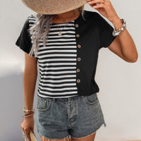 Women's Loose-Fit Striped Contrast-Color Short-Sleeve Pullover T-Shirt