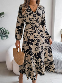 Women's Casual Floral Print Tie Waist Long Sleeve Ruffle Dress