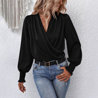 V-neck Pleated Lantern-sleeve Solid-color Blouse For Womenelegant And Professional