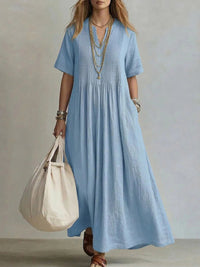 Casual Loose V-Neck Short-Sleeve Pleated Cotton-Linen Dress