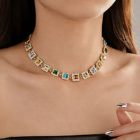 Colorful Diamond Square Geometric Necklace, Light Luxury High-End Sparkling Clavicle Chain, Fashion Retro Elegant Jewelry