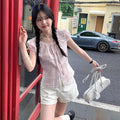 Lace-up Bow Puff Sleeve Retro Plaid Shirt