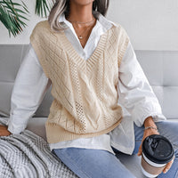 European & American Hollow Out Cable Knit V-Neck Sleeveless Sweater