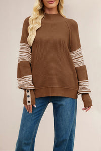 Fashionable Knitted Color-Block Mock-Neck Pullover Sweater