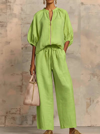 Solid-color Casual Loose-fitting Zip-up Sweatshirt And Straight-leg Pants Set