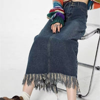 Plus Size Tassel Half-length Denim Women's Hong Kong Style Autumn High Waist Slimming A- Line Long Overknee Skirt