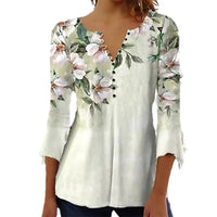 Women's 3d Digital Printing Button V-neck Flared Sleeves T-shirt