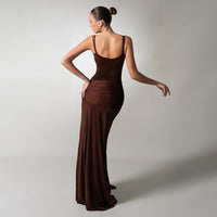 Women's Coffee-Colored Pleated Ribbon Dress