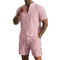 Stand-collar Solid-color Short-sleeve Shirt Set